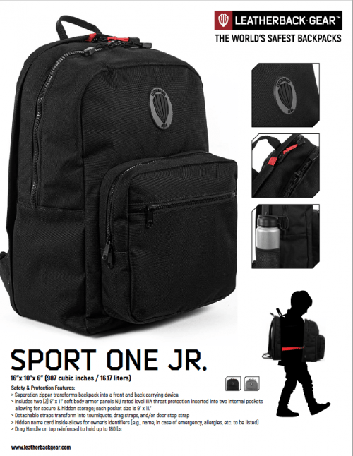 Bulletproof Full Coverage Converting Backpack Sport One Jr. NIJ IIIA » Active Violence